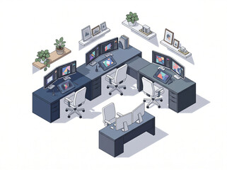 Fototapeta premium Isometric creative studio workspace with desks and computers