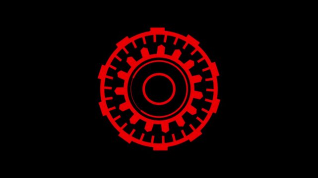 Red cogwheel gear symbol with inner circles on black field. Industrial red cogwheel gear symbol for mechanical operation indicators. Technical red cogwheel gear symbol.