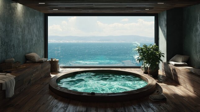 Luxurious wooden soaking tub positioned indoors overlooking a vast seascape panorama