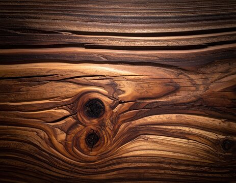 Close-up of weathered, knotty wood grain with rich texture and warm tones