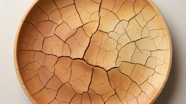 Cracked ceramic plate dry earth texture, beige clay dish with fracture pattern, drought concept, top view abstract background