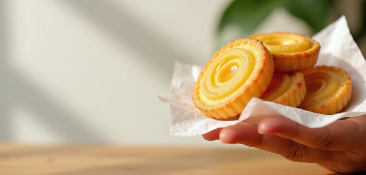 Hand holds sweet Colombian dessert obleas filled with caramel sauce and pastry. Delicious round wafer cookies stacked on white napkin. Treats served for sale or as snack.