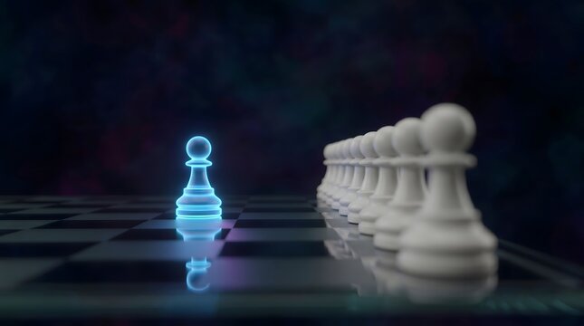 A glowing blue chess pawn facing a row of white pawns representing strategic business challenges and standout leadership.