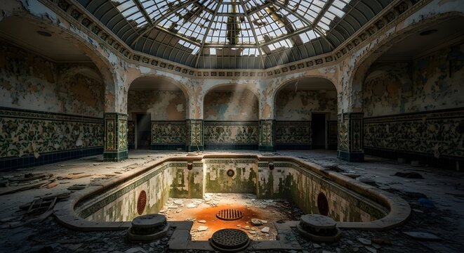 Empty swimming pool sits within a derelict hall featuring tiled walls and a broken glass dome ceiling.