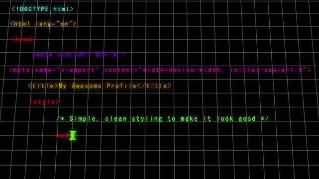 HTML code on a black background with a white grid overlay. Technical HTML code on a black background for network security scripting. Tech HTML code on a black background.