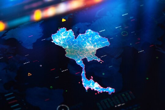 Digital map glows with vibrant data streams. Thailand's shape pulses in electric blue hues. Global networks trace connections across continents. Advanced analytics suggest intelligent surveillance