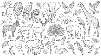Fototapeta premium Hand drawn wild animals collection, black and white line art zoo animal vector set, safari and forest wildlife illustrations for coloring book