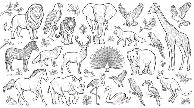 Hand drawn wild animals collection, black and white line art zoo animal vector set, safari and forest wildlife illustrations for coloring book