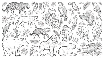 Fototapeta premium Hand drawn tropical jungle animals collection, black and white line art wildlife vector set, exotic rainforest fauna and birds illustrations