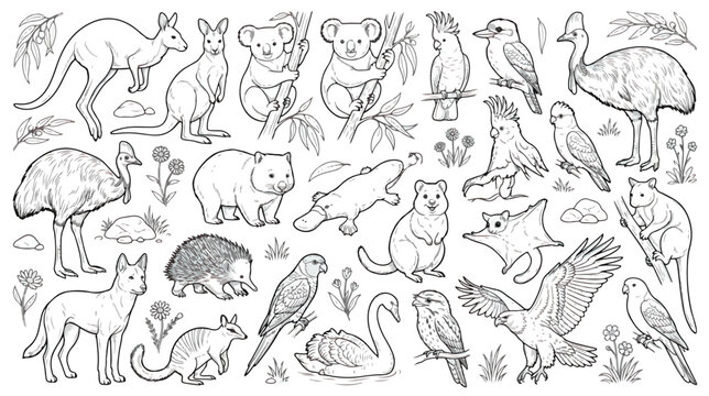 Australian animals line art collection, hand drawn wildlife vector set, kangaroo and koala sketches for coloring book and educational design