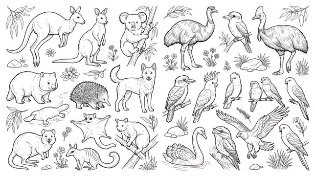 Australian animals line art collection, hand drawn wildlife vector set, black and white outback fauna illustrations for coloring book and education