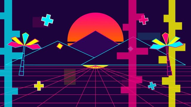 Retro synthwave animation of a neon sunset over wireframe mountains and palm trees on a digital grid floor.