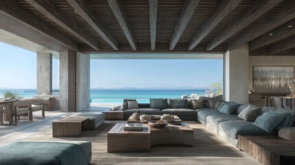 Fototapeta premium Luxurious open-plan living space seamlessly connects to a stunning oceanfront panorama