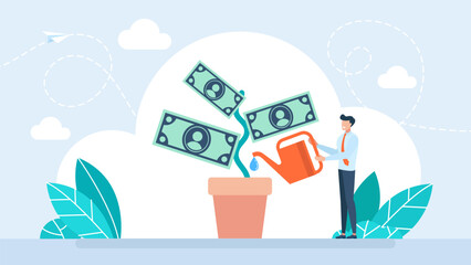 Fototapeta premium Money tree growing inside a ceramic flowerpot with green dollar banknotes instead of foliage, representing investment profit, financial savings and wealth cultivation. Vector illustration.