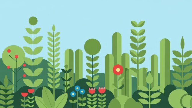 Colorful flat design illustration of various green plants and flowers growing in a stylized garden landscape with hills and vibrant blooms