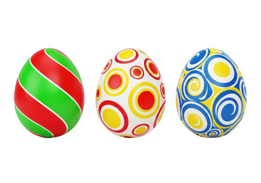 Three colorful decorative easter eggs with various patterns and bright festive holiday designs isolated on transparent background