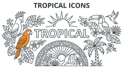 Tropical icons set with exotic birds, palm tree, sun, waterfall. © NAZMA
