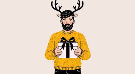 Cartoon man with reindeer antlers, holding gift, Christmas icon, festive character, yellow sweater © Sydney