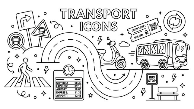 Transport icons set with bus, scooter, train ticket, road signs.
