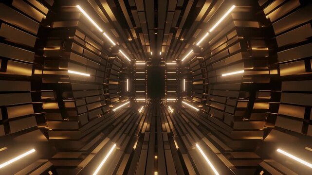 Futuristic Neon Tunnel With Symmetrical Centered Lights.