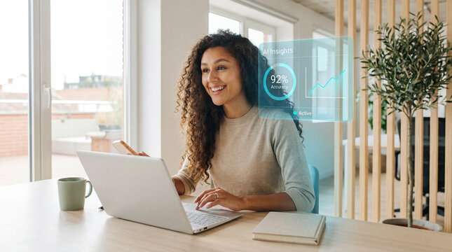 Office professional working with AI analytics dashboard
