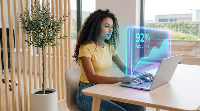 Young analyst monitoring accuracy trends in a modern workspace