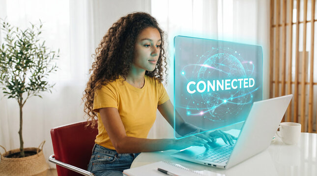 Businesswoman working with global connectivity interface on laptop