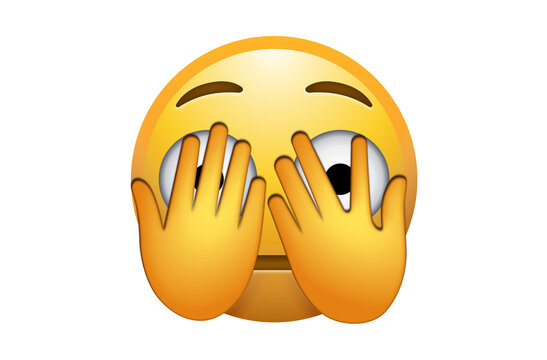 Peeking face emoji covering eyes with hands and looking through fingers on white background