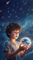 Naklejka premium Child holding glowing crystal ball under starry night sky. Young boy gazing at illuminated sphere with shooting stars and cosmic background.