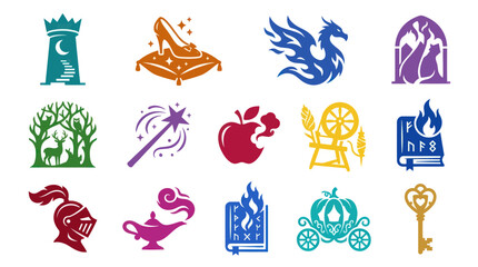 Fototapeta premium Fairy Tale Icons: Castle, Shoe, Dragon, Forest, Magic, Apple, Book