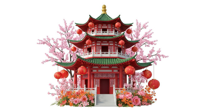 Traditional chinese pagoda building with red lanterns and blooming cherry blossom trees in spring isolated on transparent background