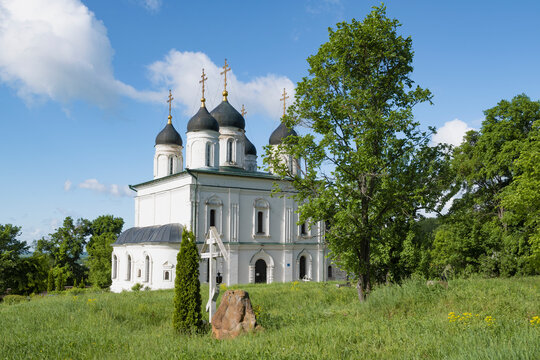 The ancient Life-giving Trinity cathedral in the Trinity Nativity of the Virgin Mary Optin monastery on a sunny May day. Bolkhov, Oryol region. Russia