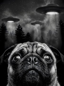 A surprised pug dog looking up at mysterious ufo spaceships hovering over a dark pine forest