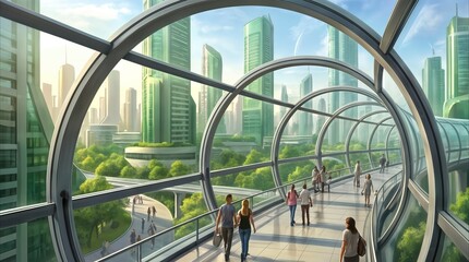 Fototapeta premium Pedestrians walking through glass skywalk in futuristic city. Sustainable urban environment with green skyscrapers and advanced transportation infrastructure.