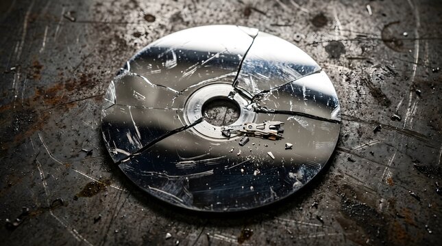 Cyber, Destroyed, Destroyed Computer Hard Drive Platter on Grungy Metal Surface. a scratched and shattered metallic storage disk 