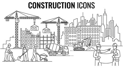Obraz premium Construction site scene with workers cranes and trucks.