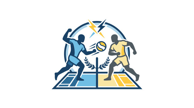 Dynamic volleyball competition logo featuring two players spiking ball on court with lightning bolts and athletic energy