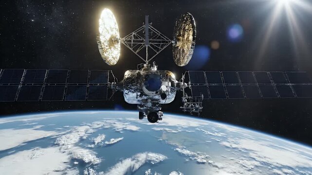 A detailed view of a communication satellite orbiting Earth, showcasing its solar panels and antenna arrays against the backdrop of a bright, sunlit atmosphere.