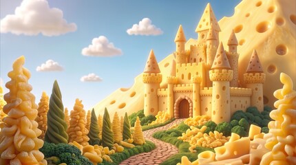 Naklejka premium Surreal castle made of cheese standing in a fantasy food landscape. Whimsical world featuring pasta trees and broccoli bushes under a blue sky.