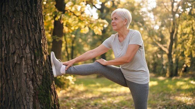 Active senior woman stretching leg against tree trunk during morning workout in sunny park. Healthy lifestyle and fitness for older adults.