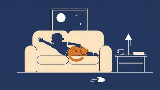 Child sleeping on sofa with cat at night: cozy indoor scene with moon and stars in window, side table with lamp, mug, and book, single slipper on floor, minimalist flat vector illustration