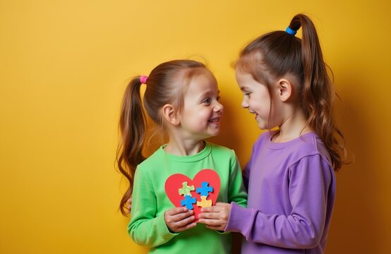 Two girls look at with smiles holding red heart made of puzzle pieces. One girl wears green shirt, purple one. Stand against bright yellow background, showing connection, care. Unity, support.