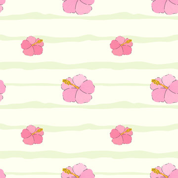 Hibiscus flower vector seamless pattern. Tropical floral pattern on light green horizontal striped background. Trendy flat summer beach design for textile, fabric, packaging. 