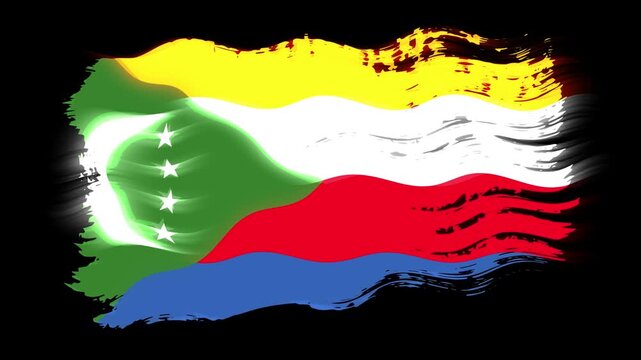 Waving torn Comoros Islands flag grunge brush burn light leaks, transparent background alpha channel loop full HD