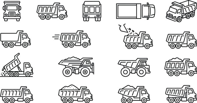 Tipper truck icons set for construction and heavy machinery
