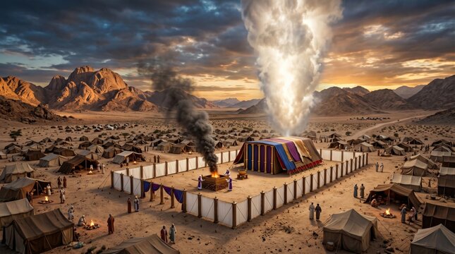 Biblical tabernacle with supernatural smoke pillar rising in the desert camp. Ancient Israelite people worshiping at the portable sanctuary. Religious scene of historical faith.