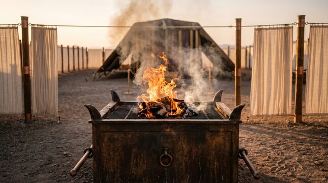 Burning fire on a metal altar in a historical desert camp. Ancient religious ritual site and sacrificial brazier with flames. Biblical temple setting for ceremony and meditation.
