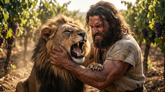 Man struggling with an aggressive lion in a vineyard. Intense battle between a human and a wild predator. Concept of survival, danger, and conflict in nature. Dramatic cinematic action.