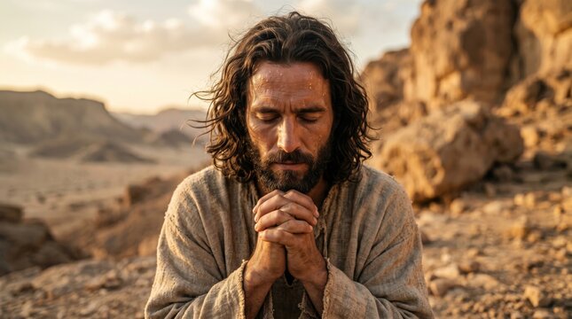 Man with long hair and beard praying in desert landscape. Religious figure in ancient robe seeking spiritual guidance. Biblical concept of faith, meditation and connection to divine.