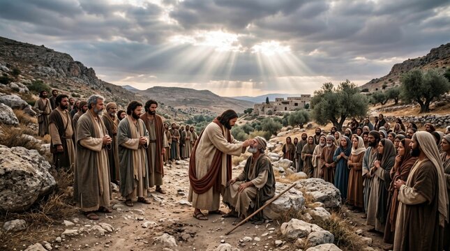 Jesus man healing blind man outdoors. Biblical scene of miracle and compassion. Religious gathering of men and women in ancient landscape with sunlight glowing from cloudy sky above.
